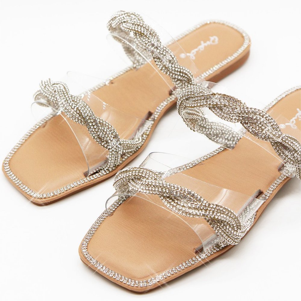 NEW Double Clear Strap Twisted Sparkly Bling Rhinestone Slip On Slides Sandals